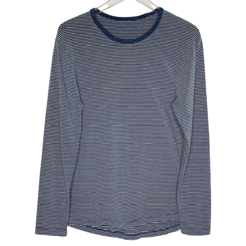 Lululemon M Mens Navy Blue Striped Long Sleeve Tee Shirt Active Gym *flaw